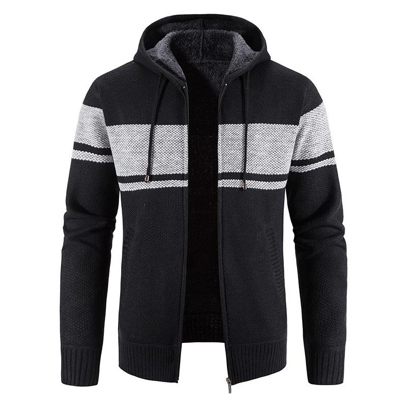 Men's Hooded Cardigan Sweater - Plus Velvet, Thick, Versatile, Knitwear Color Block Jacket for Autumn/Winter