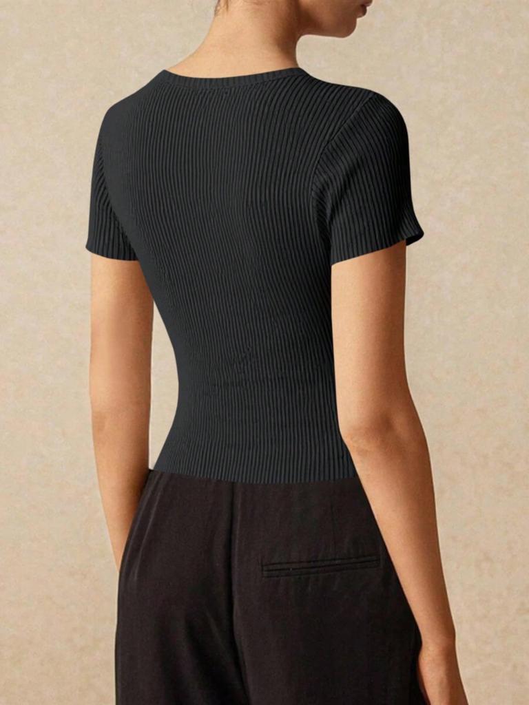 Damen Rippstrick Cropped Cardigan Kurzarm Knopfleiste Figurbetont Pullover Top