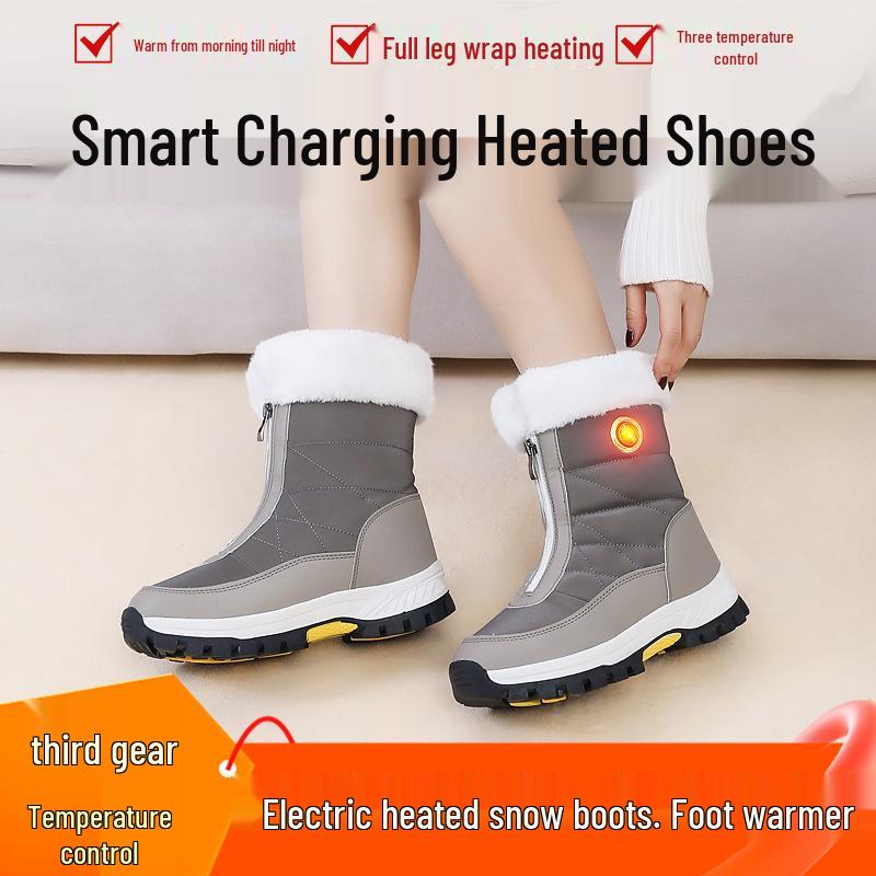 Rechargeable Electric Heated Wool Snow Boots for Women - Warm Cotton Shoes with Heating Insoles.