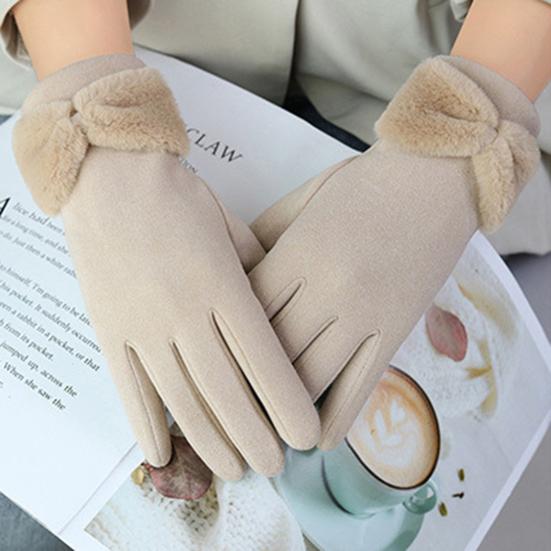1 Pair Bowknot Decor Thickened Solid Color Women Gloves Autumn Winter Double-sided Fleece Touch Screen Driving Gloves