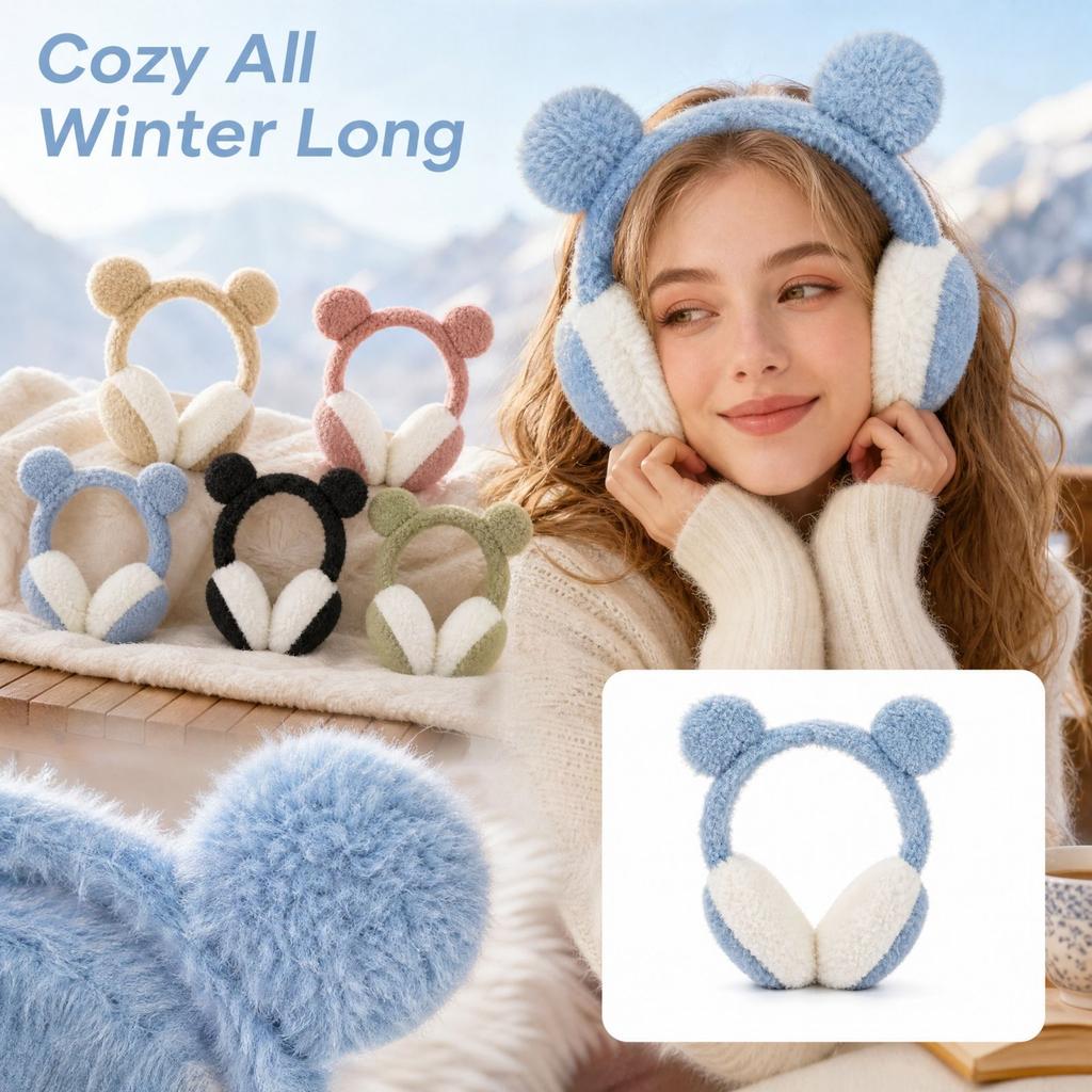 Winter Plush Earmuffs with Bear Ear Design, Warm Ear Covers for Cold and Outdoor