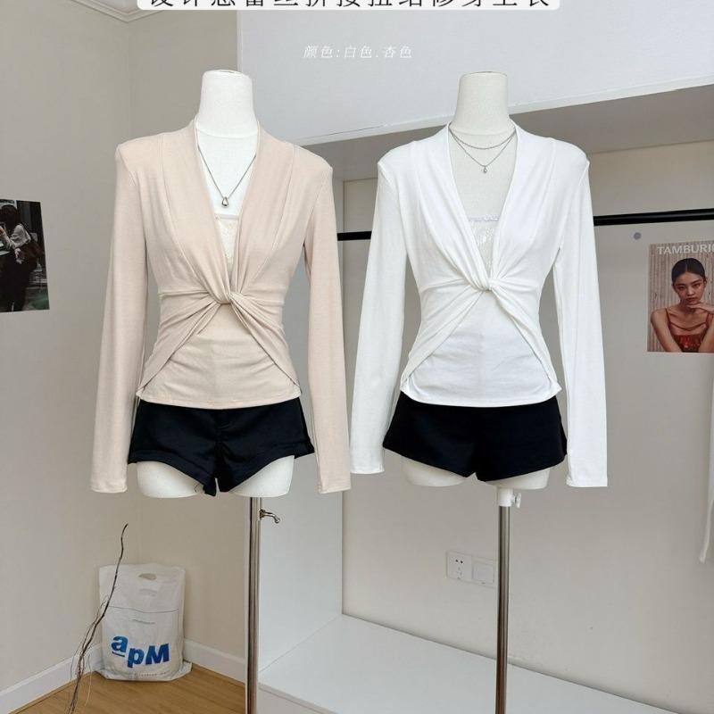 Beige White Knot Front Long-sleeve Blouse Women s V-neck Slim Casual Top S белый