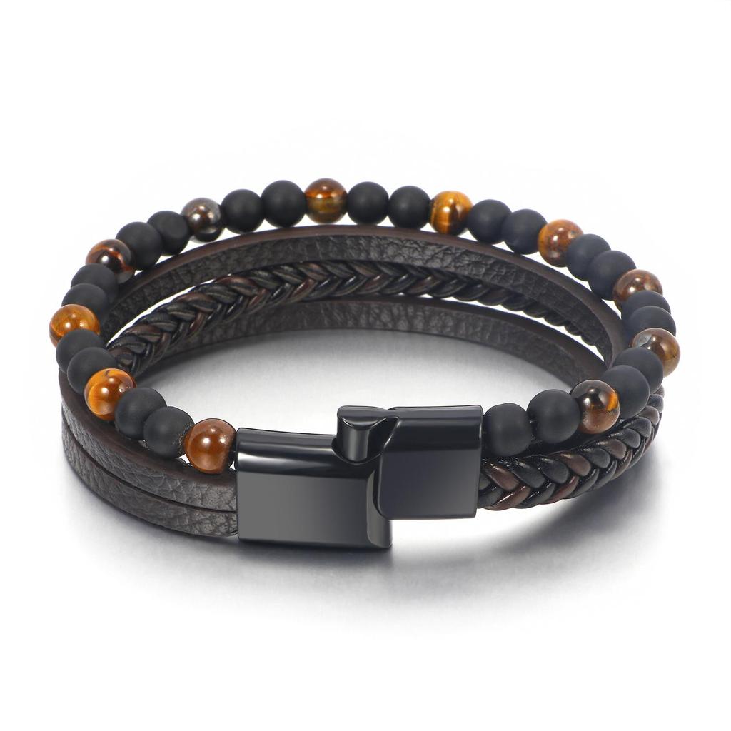 Men's Tiger Eye Beaded Multi-Layer Leather Bracelet