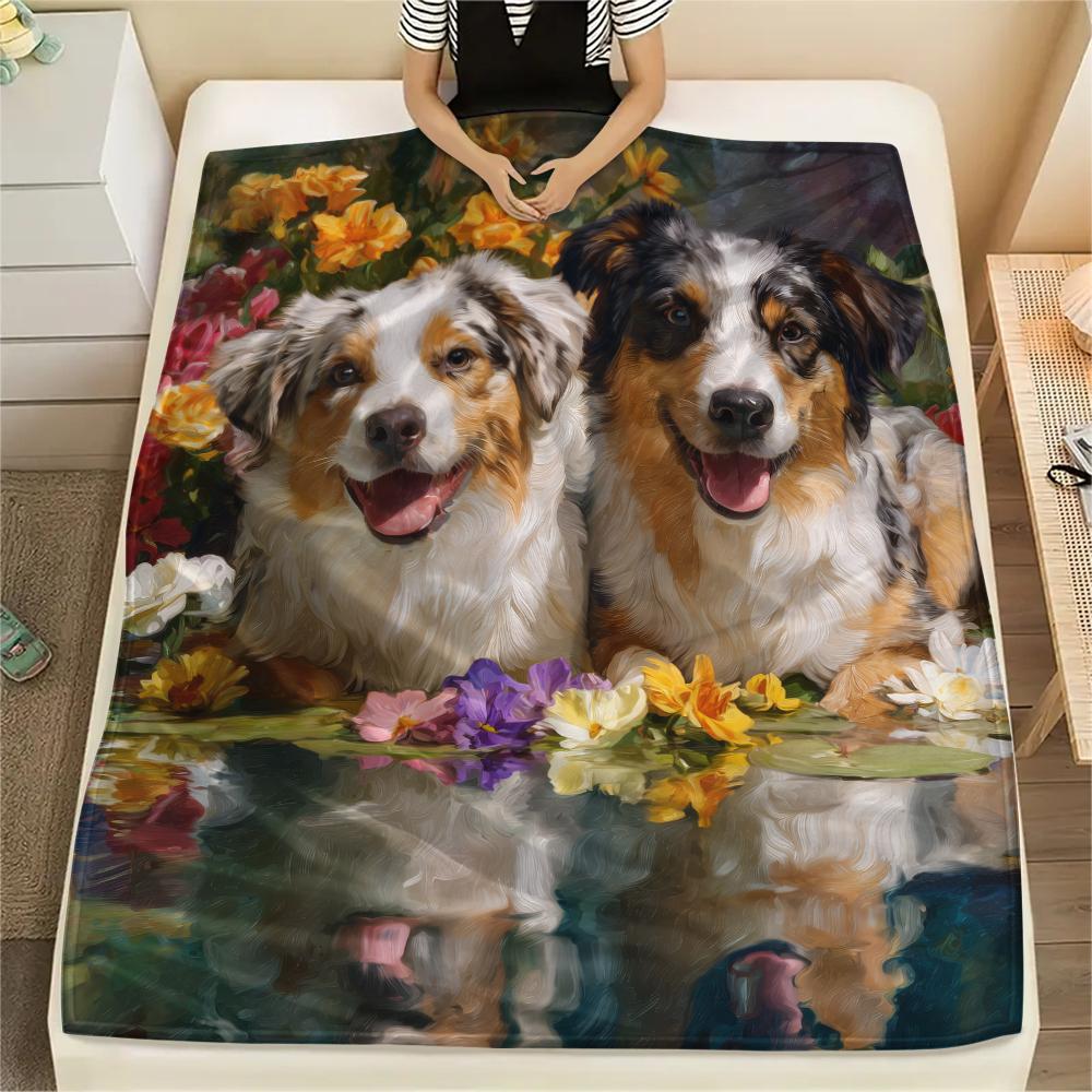 Two Australian Shepherds,pattern Flannel Blanket, High quality Comfortable for All Seasons, Home Decor, Warmth and Comfort, Perfect for Gifts.