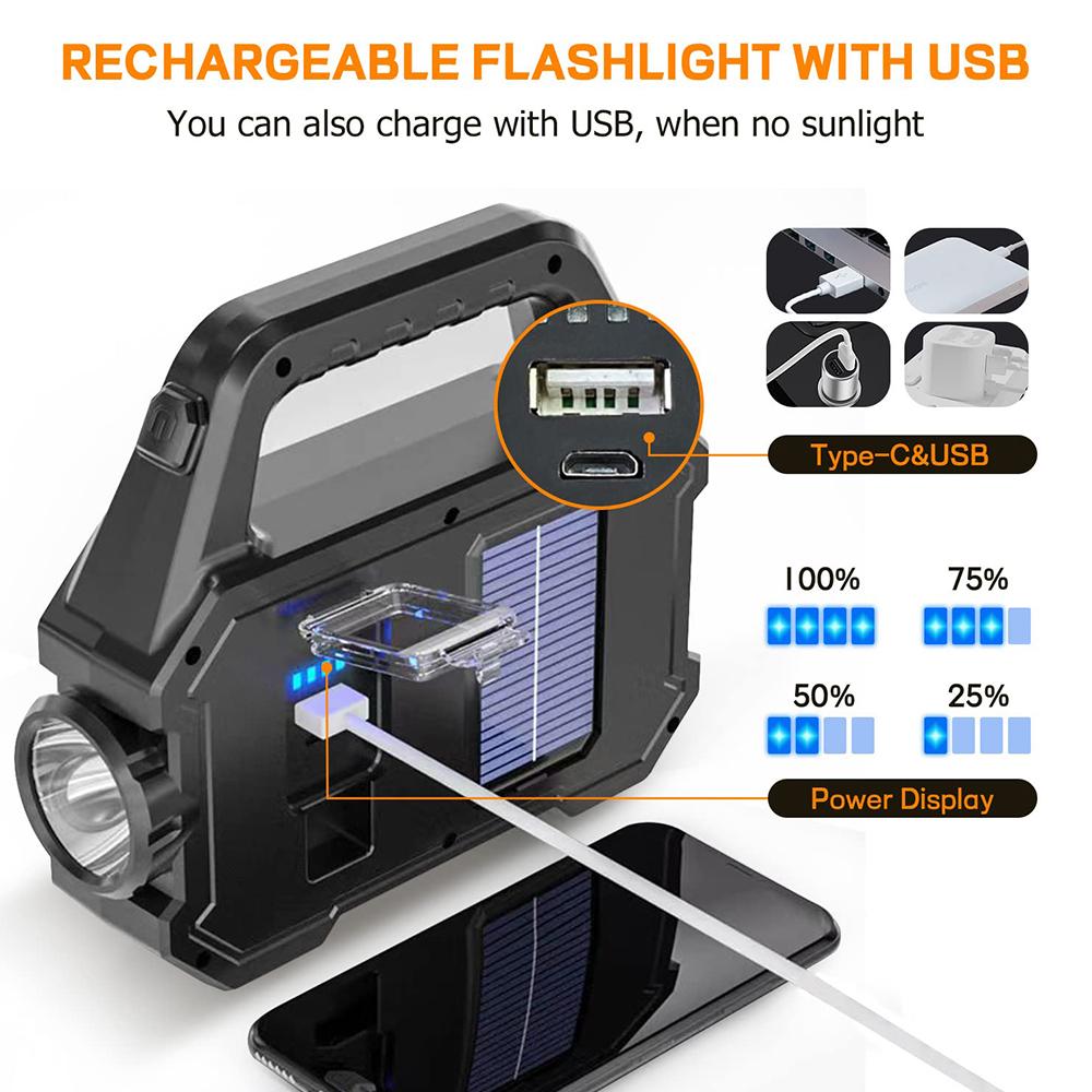 50W Flashlight USB Charge Electric Torch 6 Gear COB/LED Torch Light Portable Powerful Lantern Solar Light for Camping Hiking