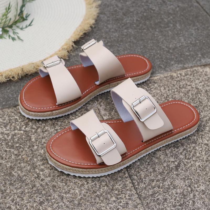Fashion Large Flat Shoes Women's Fashion Round Head Open Toe Metal Buckle Soft Soled Anti-slip Wear-resistant Slippers