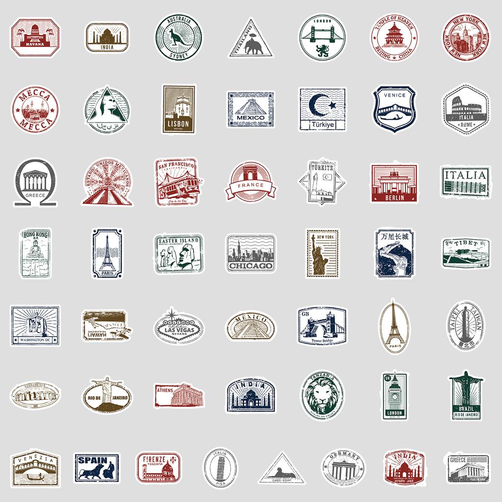 50 Poštovních razítek Graffiti Samolepky Cestovní Kufr Počítač Mobilní Telefon Vodotěsné Dekorativní Samolepky Kreativní Samolepky s Poštovními Razítky