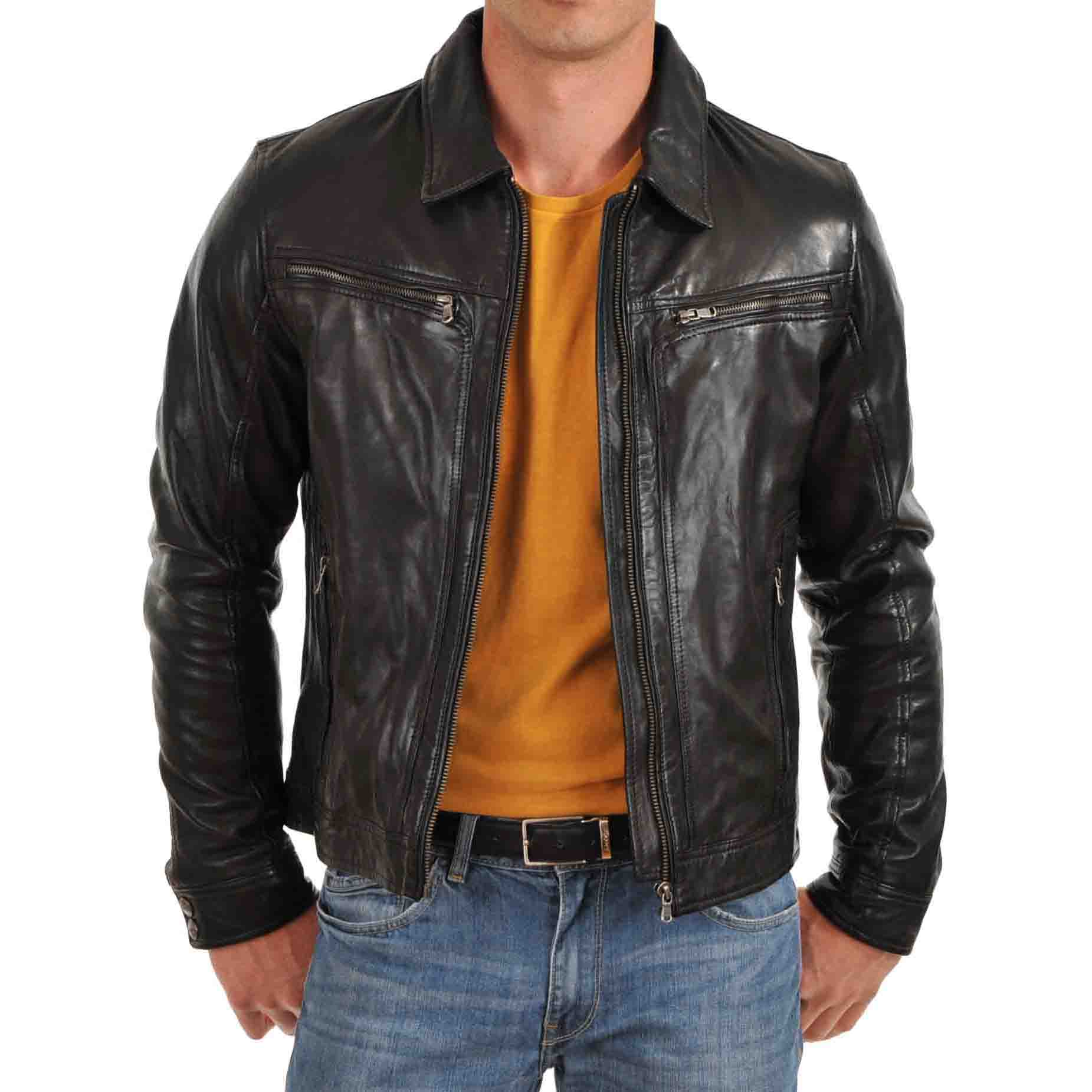 

SkinOutfit Men s Genuine Lambskin Black Leather Jacket Stylish Motorcycle Bomber Biker Outerwear MJ 55 M чорний