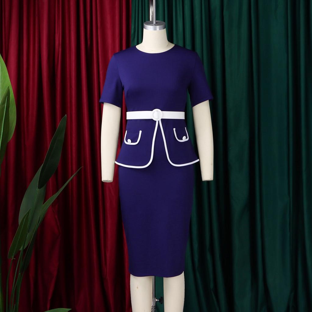 O Neck Short Sleeve Dress Elegant Bodycon Dresses Women Solid Belt Waisted Package Hips Mid Calf Professional Business Work Dress