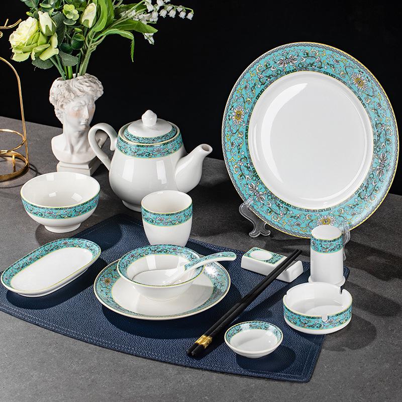 Set di stoviglie smaltate in stile cinese: Set di 4 ciotole, piatti e stoviglie in ceramica per uso in ristoranti e hotel