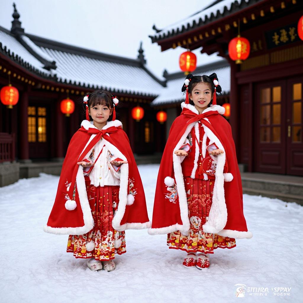 

Детская зимняя накидка Ханфу: Теплое, непродуваемое пончо для девочек (100-150 см) 150cm (Large, recommended for 140-160cm) китайский красный