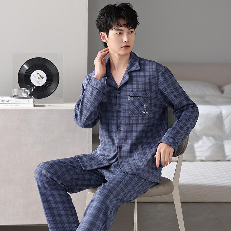 Pure Cotton Pajamas Men'S Spring And Autumn Long-Sleeved Cardigan Autumn Cotton Can Be Worn Outside Loungewear Suit