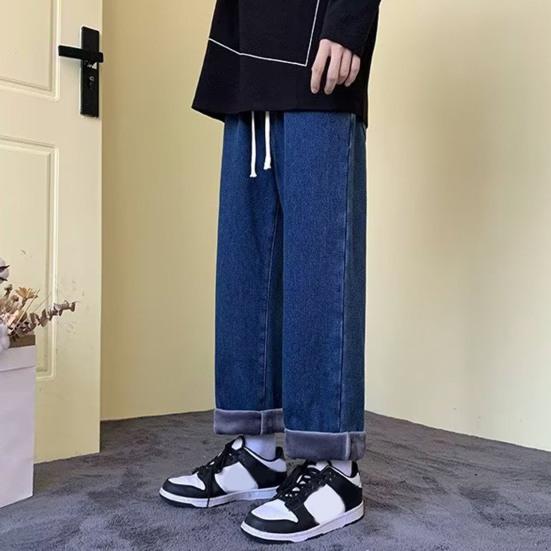 Denimbukser for menn Elastisk midje Justerbar snøring Rett brede ben Jeans Høst Vinter Varmeisolasjon Fløyelsbukser