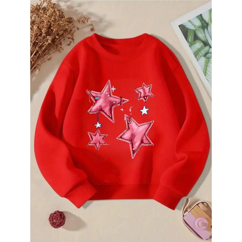Kids Crewneck Sweatshirt, Pink Star Graphic Print, Spring Fall Casual Sport Tops