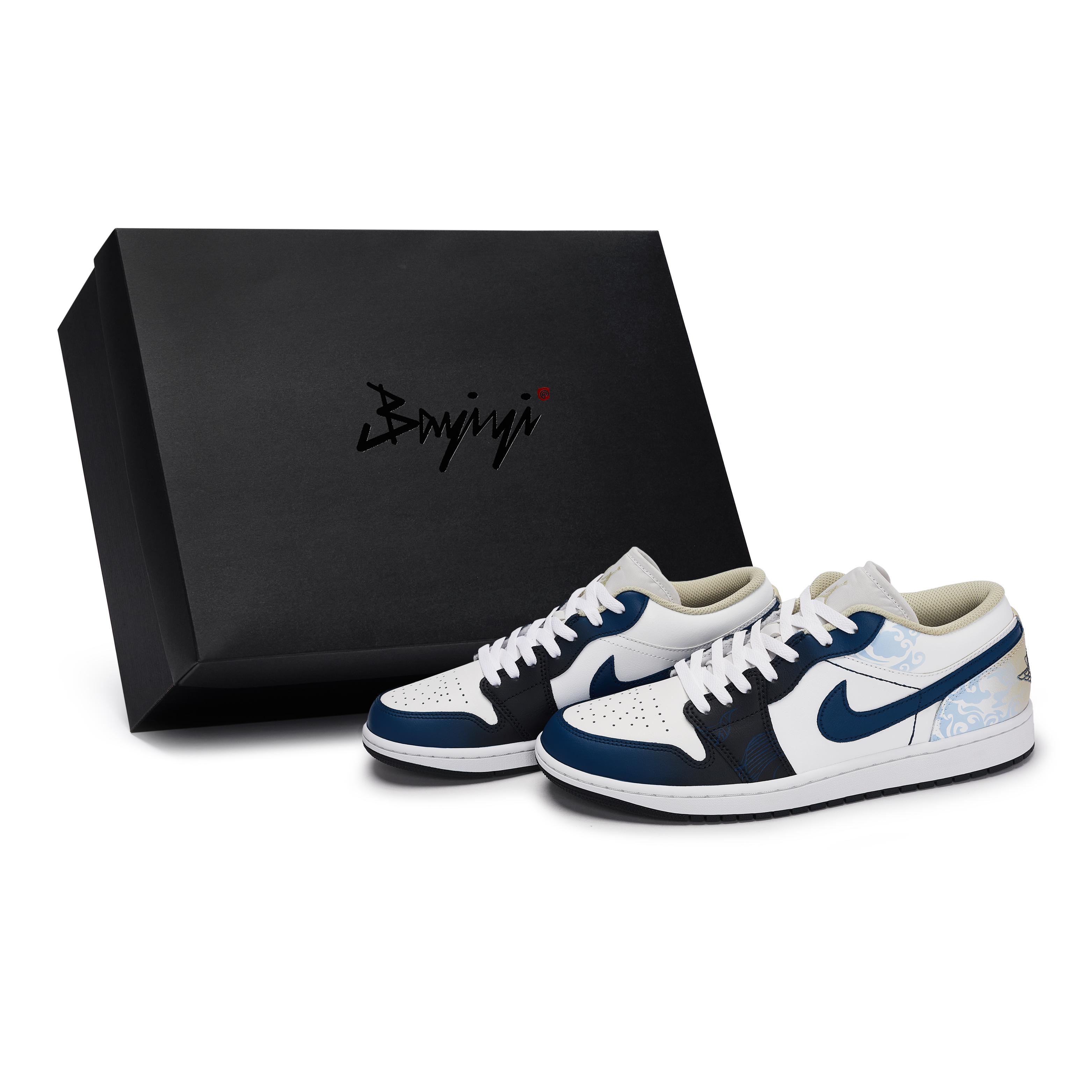 

Jordan Air Jordan 1 Vintage Basketball Shoes Men s Low Top Black/White/Blue/Brown 553558-153(Team80-S-BOX) 44.5