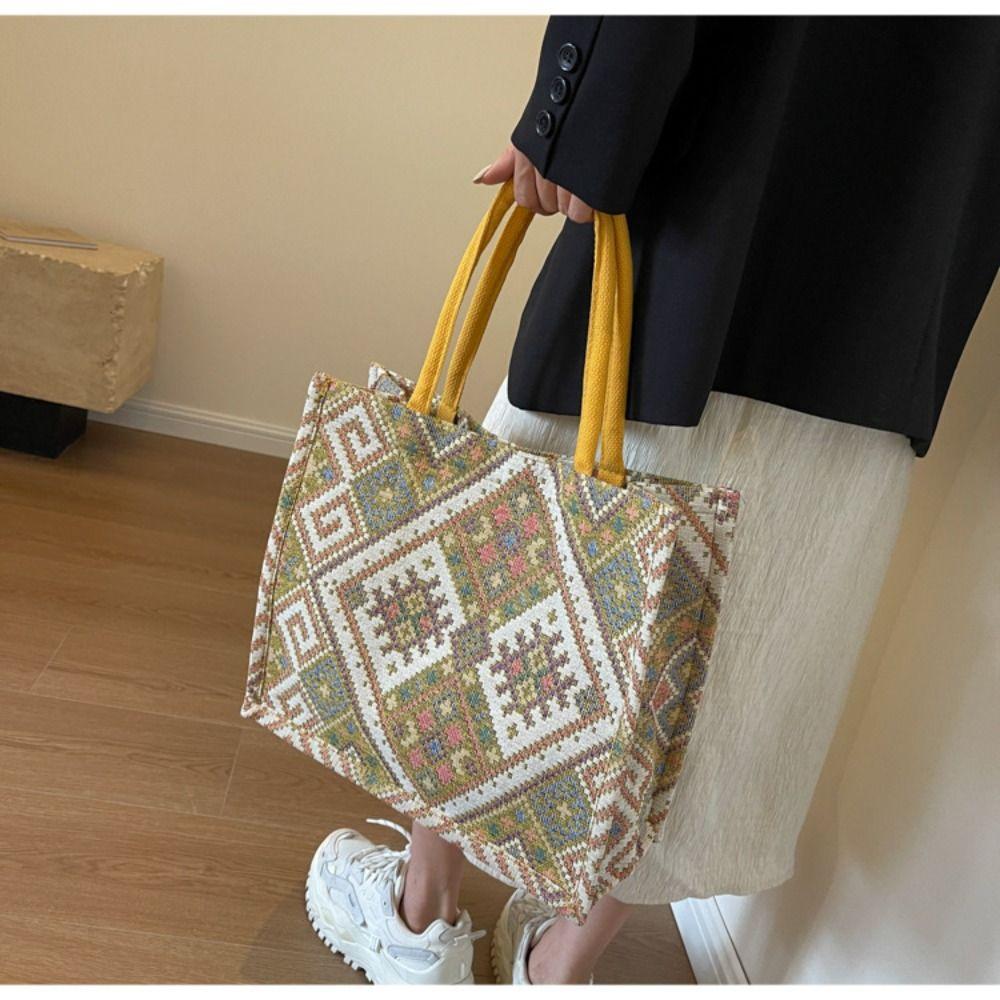 Versatile Ethnic Style Tote Bag Large Capacity Retro Handbag Organizer Canvas Casual Women's Shoulder Bag Female