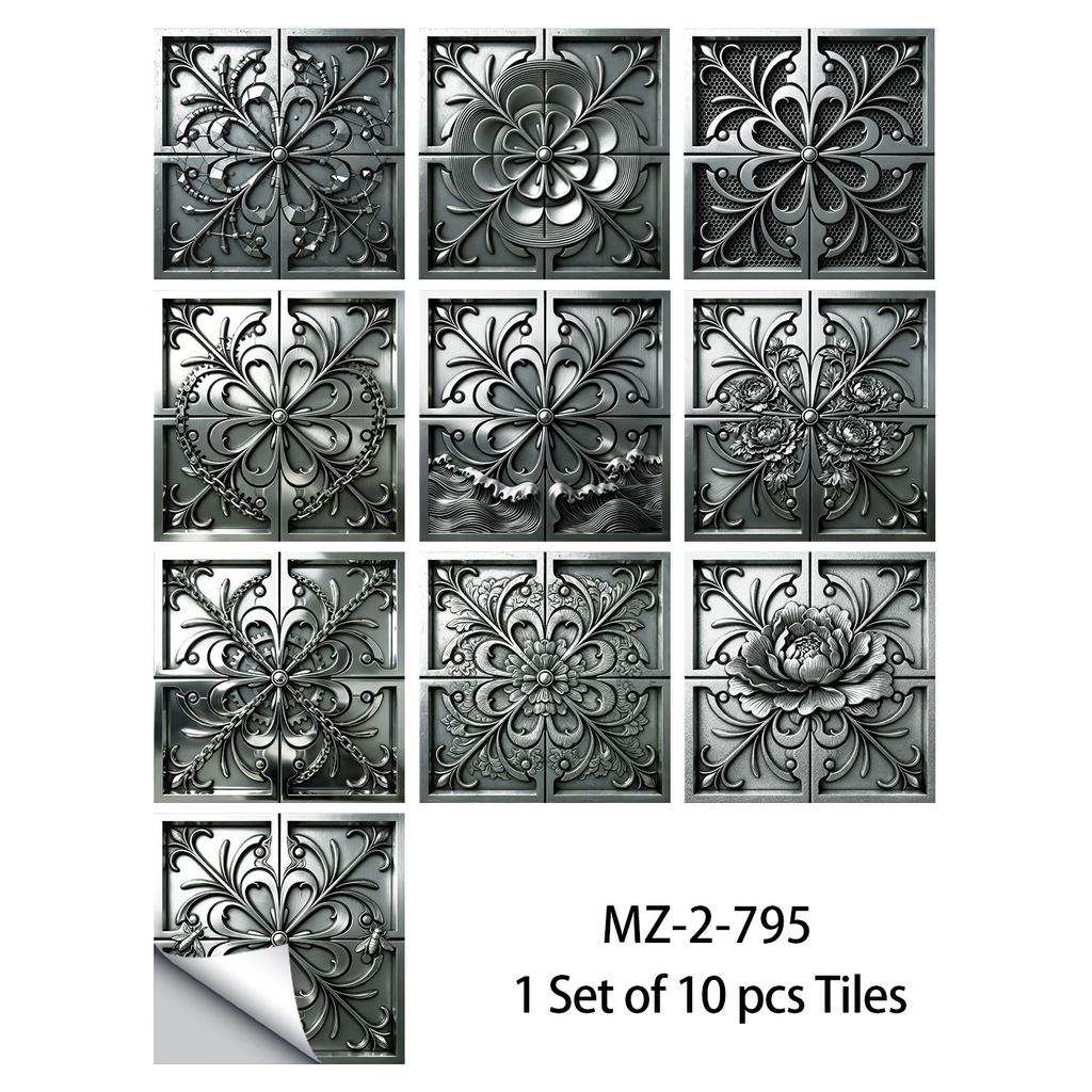 10Pcs 3D Metal Embossed Tile Stickers, Vintage Silver Floral PVC Wall Decals, Waterproof Self-Adhesive Crystal Film Decor for Kitchen Bathroom Floor