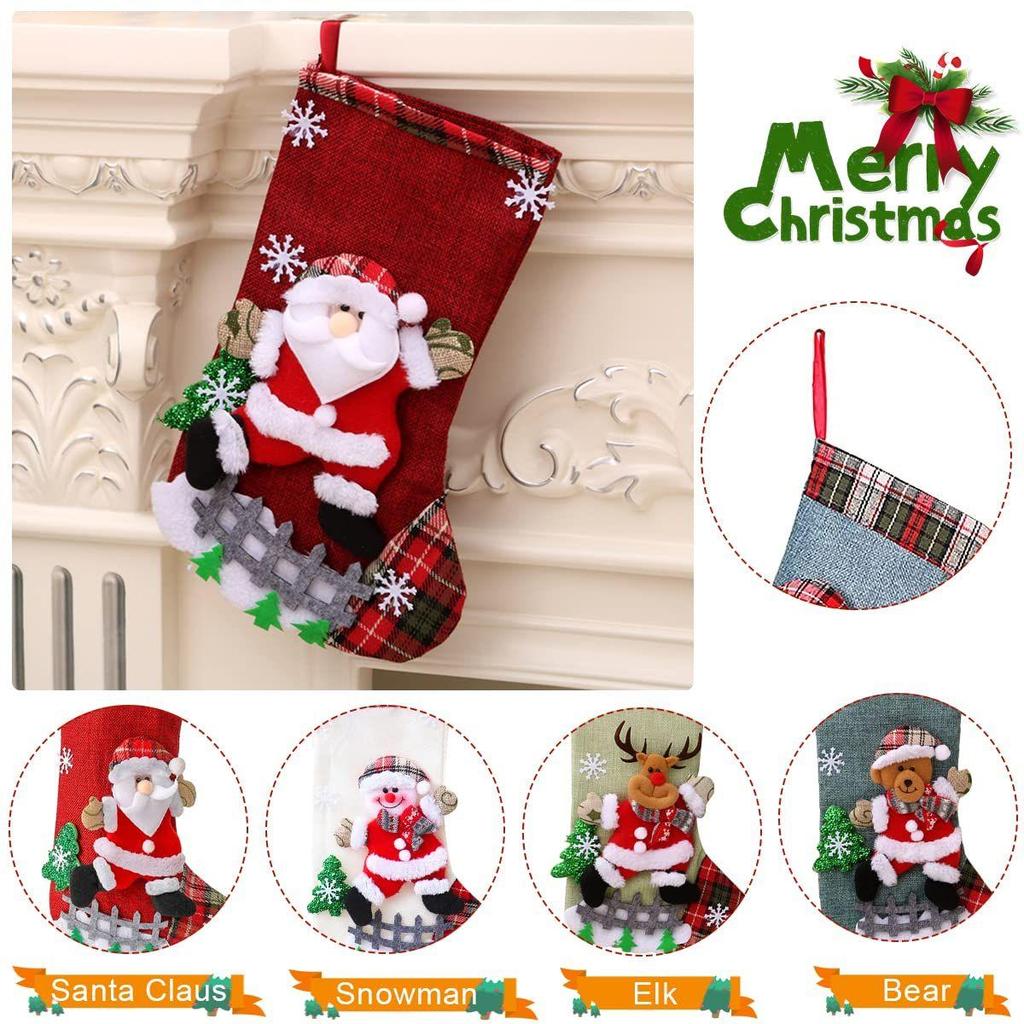 Set of 4 Christmas Decorations Stocking, 10 Inch Linen Xmas Gift Stockings, Large Hanging Christmas Tree Decoration Items for Xmas Tree,