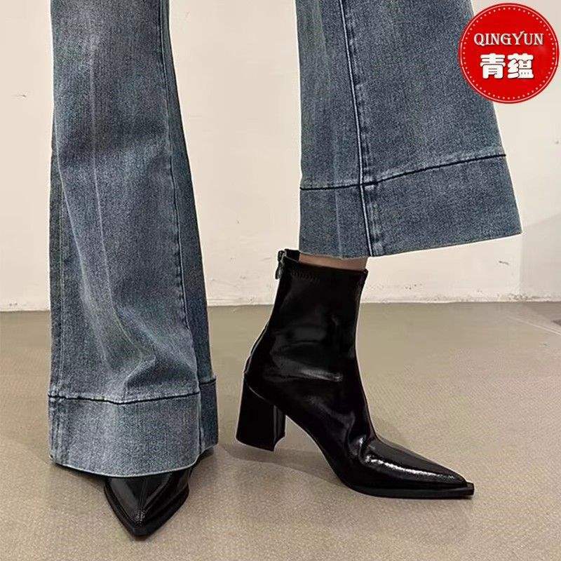 High-heeled short boots women's thick heel pointed rear zipper 2025 new autumn and winter versatile black Martin boots