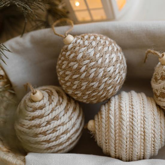 Christmas Ball Ornament Linen Design Rustic Distressed Hanging Ball Xmas Tree Decor Farmhouse Ornament