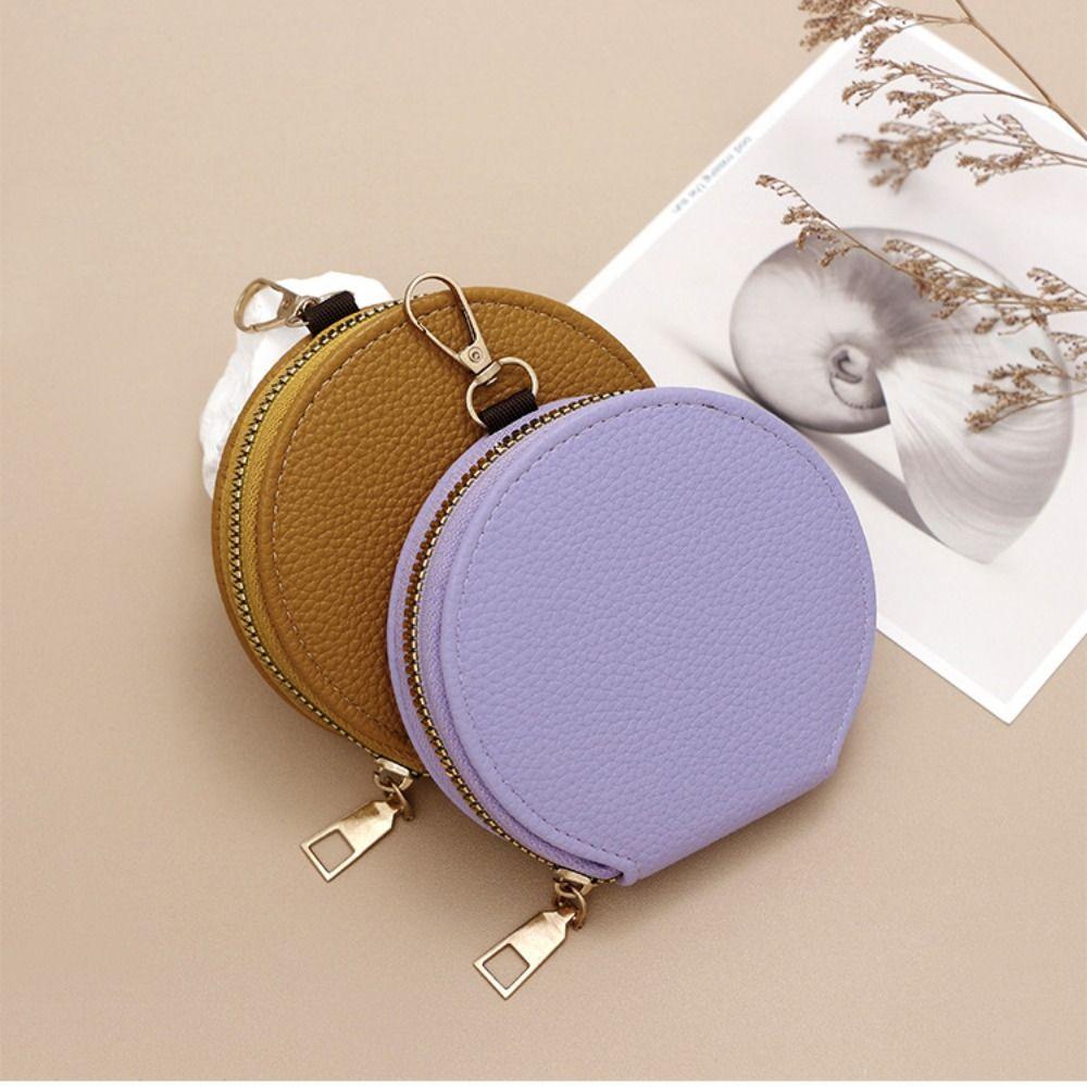 Korean Style Women Round Wallet Small PU Leather Card Holder Bag Zipper Coin Purse Girls Money Bag with Chain