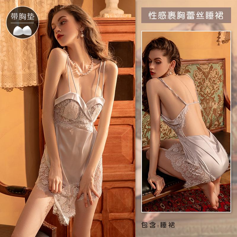 Sexy pajamas women's summer new ice silk suspenders pure desire temptation lace sleeveless pajamas high-end loungewear