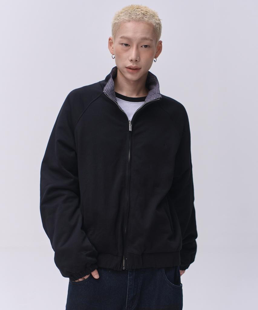SOMEPLACE MAN Half-Neck Check Contrast Reversible Oversized Daily Two-Way Long Sleeve Zip-Up Jacket [Black]