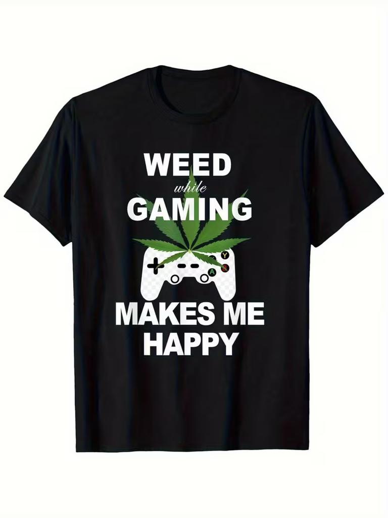 Men's Plus Size Weed While Gaming T-Shirt - 100% Cotton Leaf & Video Game Contro