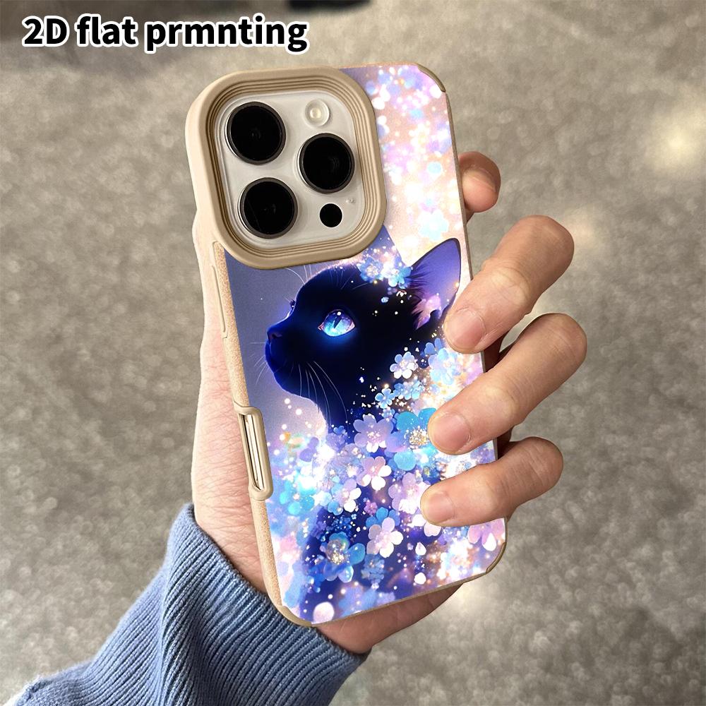 Phone Case: 2D Flat Lambskin Suitable for iPhone 18 17 16 15 14 13 Pro Film Protective Case,floral Black Cat, Christmas and Halloween Gift