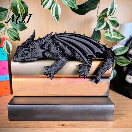 Reading Dragon Statue Sleeping Bookshelf Decor, Book Nook Figurine, Gothic Unique Gift for Fantasy Lovers Booksitter Ornament, Shelf Desk Bookend
