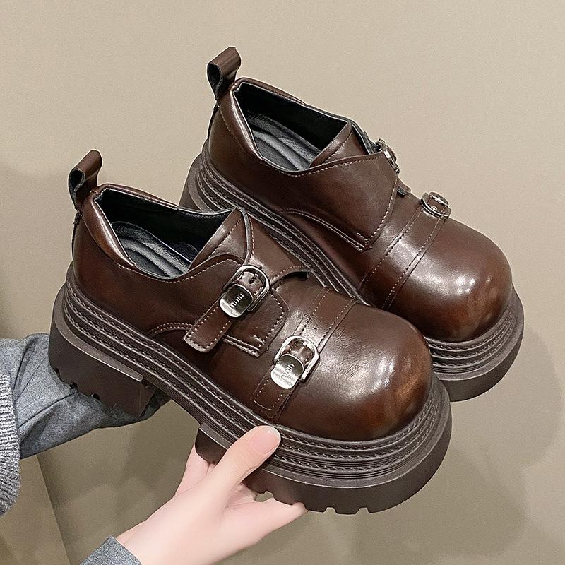 

осень 2025 новая коллекция британский стиль маленькие кожаные туфли туфли Мэри Джейн женские толстый каблук толстая подошва увеличивающие рост лоферы тренд 40 коричневый