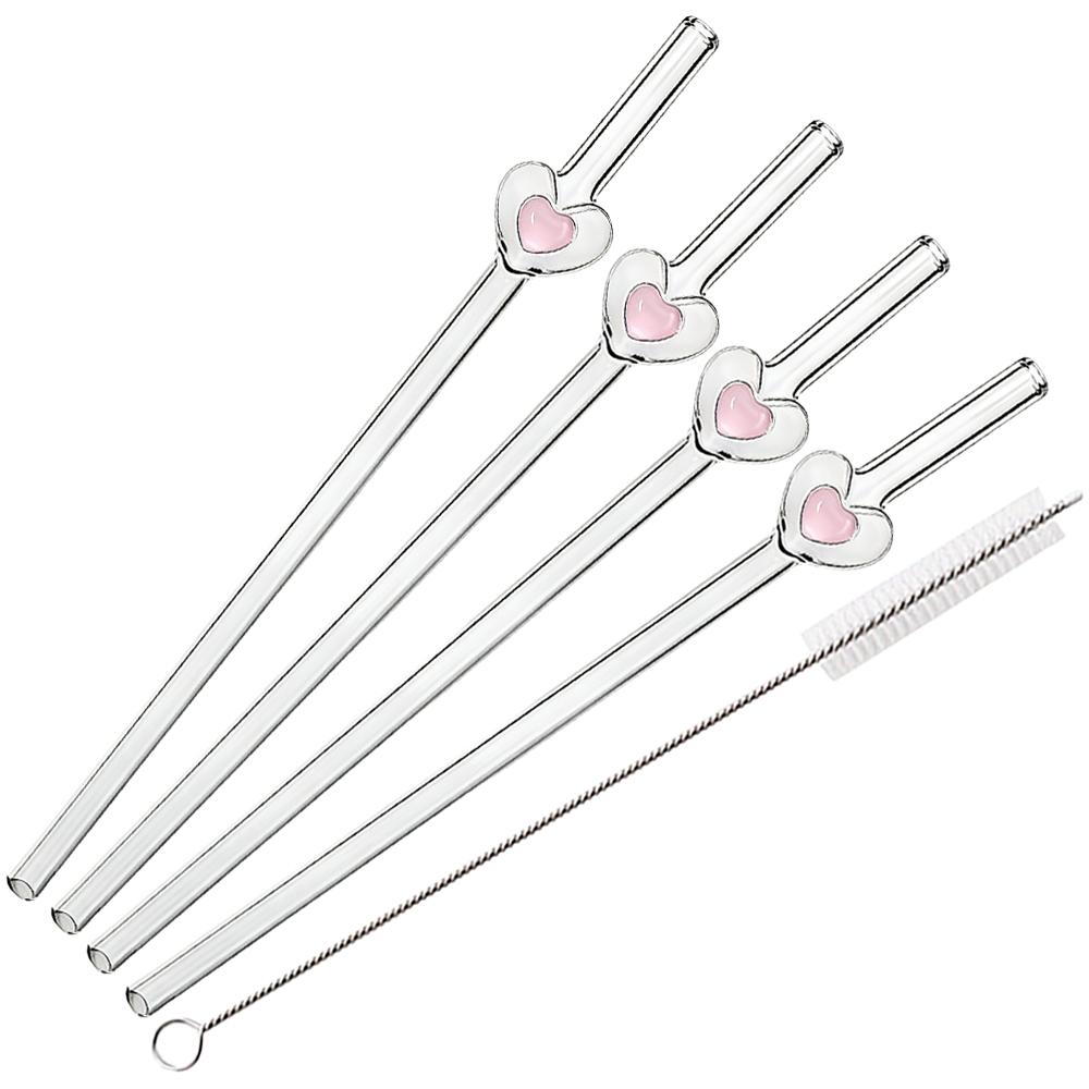 4 шт. Стеклянные соломинки Многоразовые Милые Стеклянные соломинки в форме сердца 7.8 дюйма*8 мм Стеклянные соломинки с 1 щеточкой для чистки, Подарок на День святого Валентина