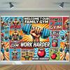 2D Retro Fitnessstudio-Kulisse, "Willkommen in unserem Familien-Fitnessstudio" Fitness-Hintergrund