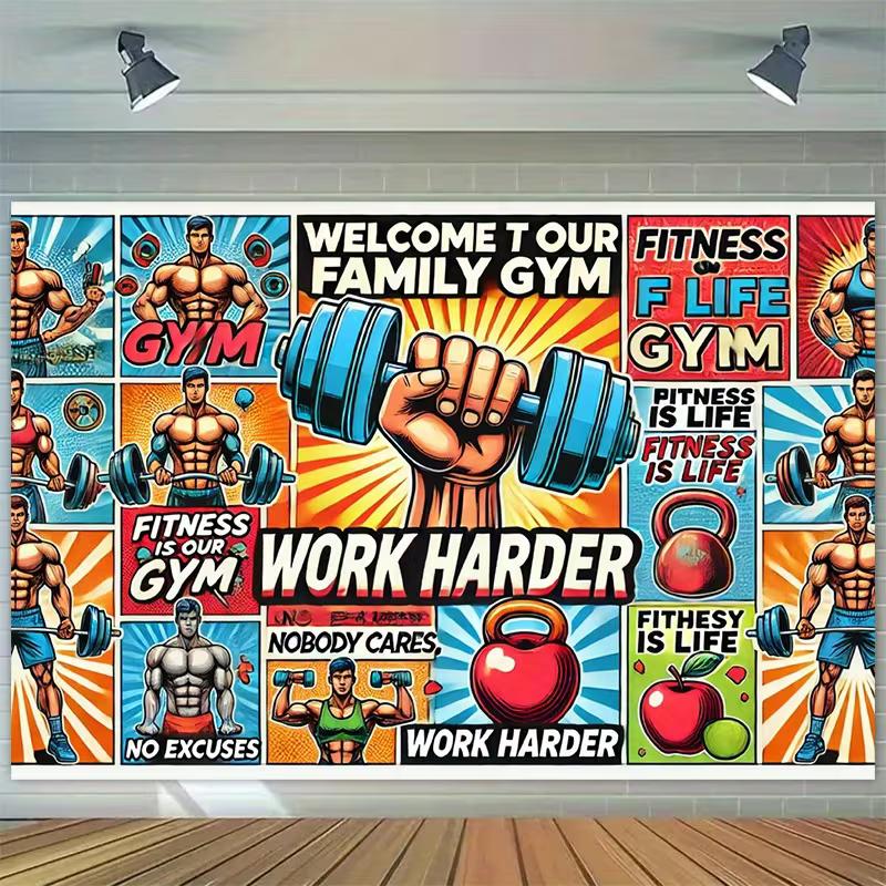 2D Retro Fitnessstudio-Kulisse, "Willkommen in unserem Familien-Fitnessstudio" Fitness-Hintergrund