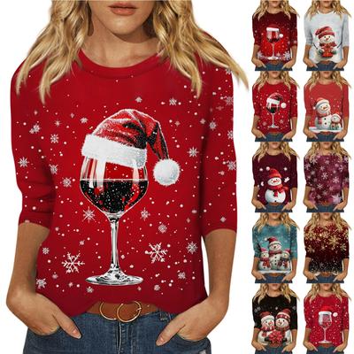 Women's Fashion Casual Round Neck 3/4 Sleeve Loose Christmas Printed T-Shirt Ladies Top