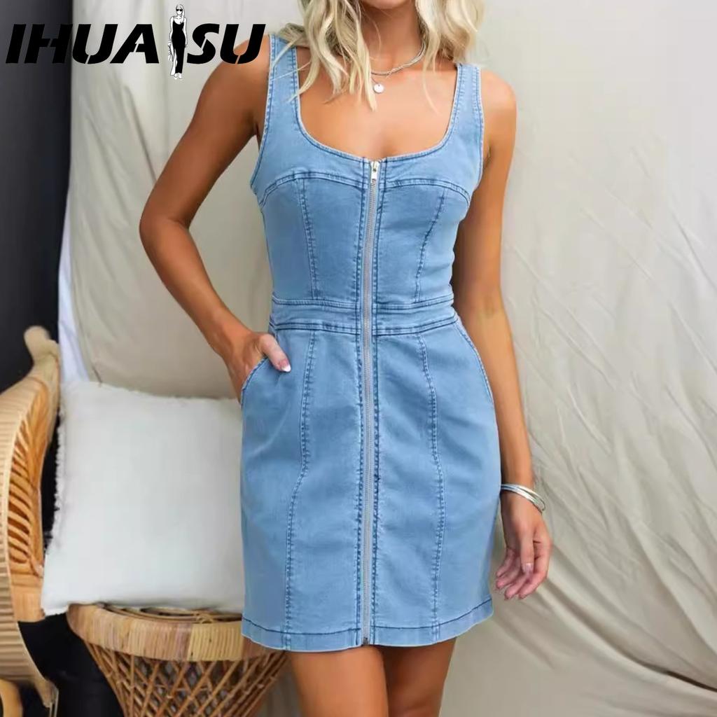 IHUASU Spring Summer Sleeveless U-Neck Casual Slim Denim Sleeveless Dress for Women