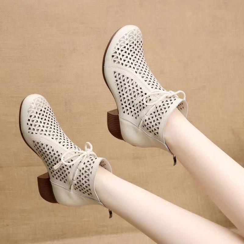 Fashion Shoes Block Heels Soft Sandal Woman Boot 2025 Summer Breathable Chunky New Retro Real Genuine Leather Block Heels Retro Woman Sh