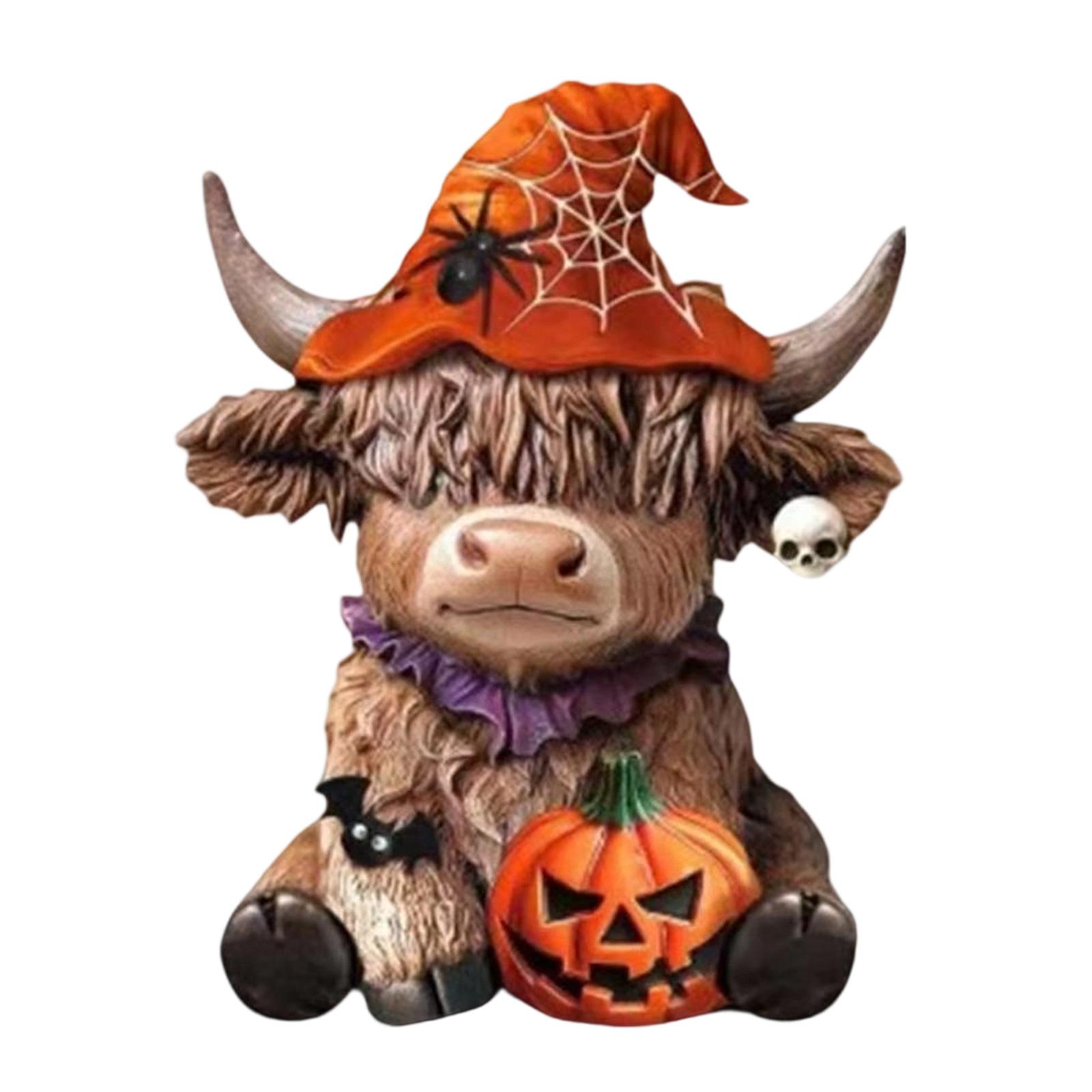

Halloween Highland Cow Holding Skull Pumpkin Resin Statue Festives Home Table Decors Ornament Resin Miniature Sculpture A