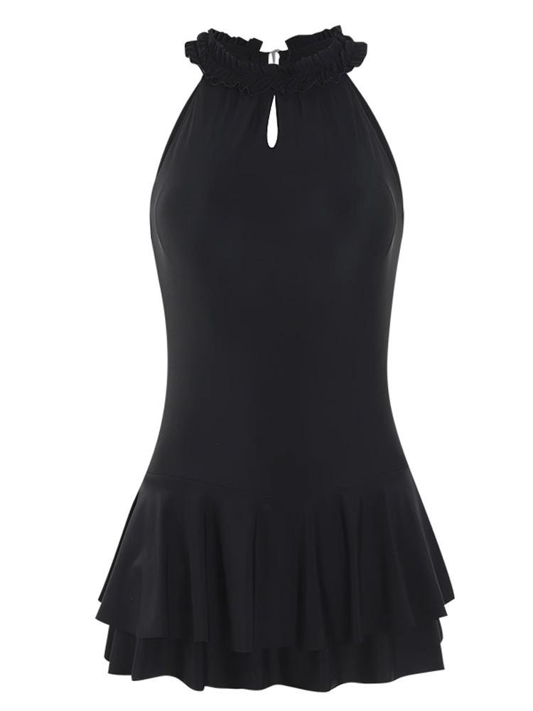 Women's Korean Style One-Piece Swimsuit - Black, Skirted, Backless, Slim Fit, Belly Covering