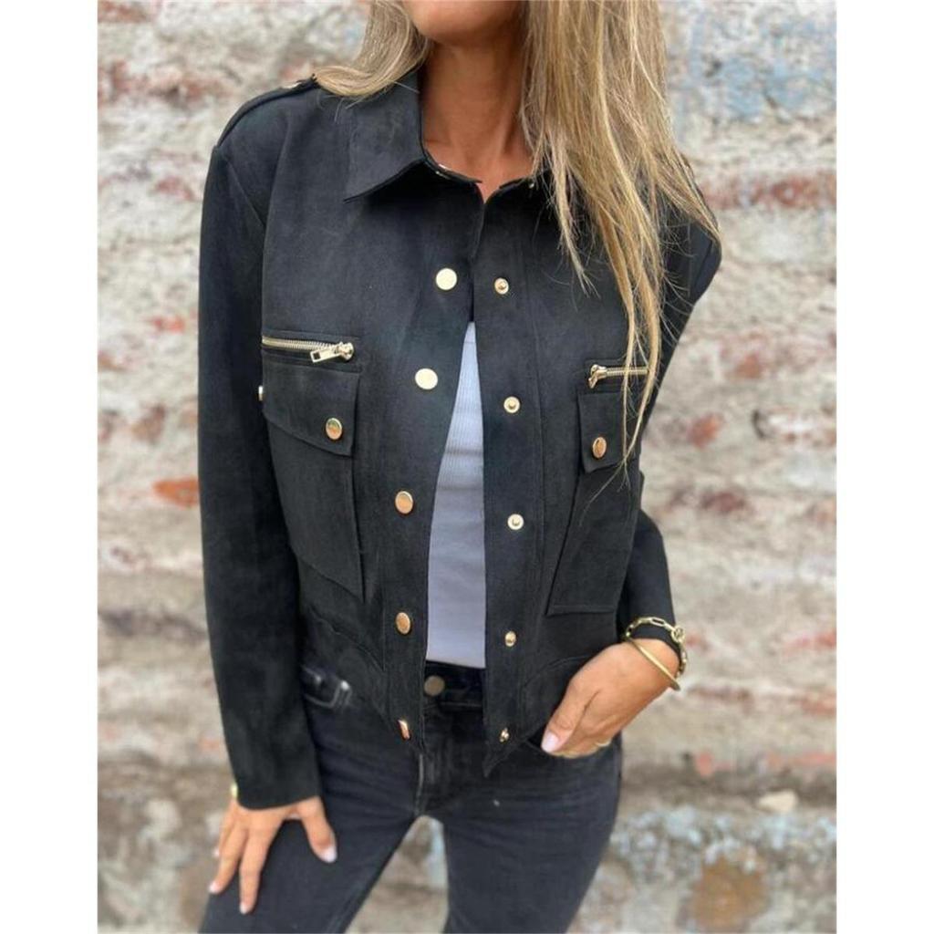 Women's Suede Jacket Lapel Long Sleeve Metal Zipper Outerwear Autumn Winter Coat