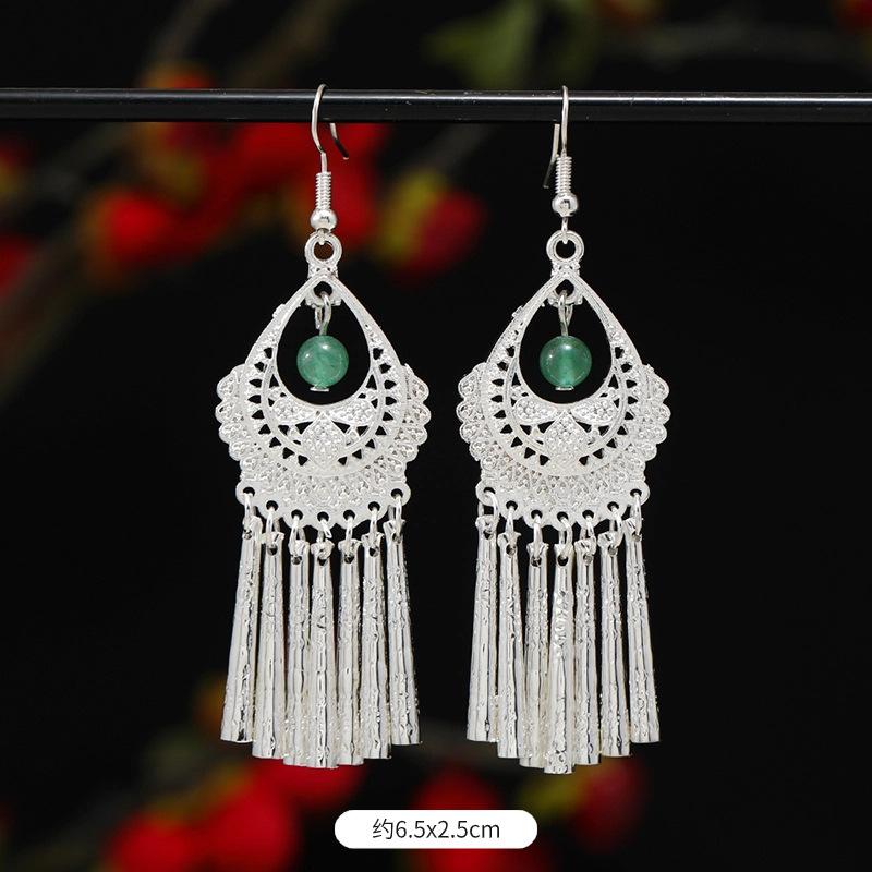 Miao Yin earrings original niche retro Dongling jade earrings long fringed earrings women