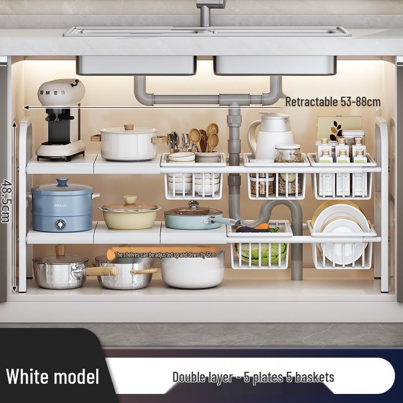 Rozšiřitelný kuchyňský úložný regál: Podumyvadlová police na organizér na nádobí
