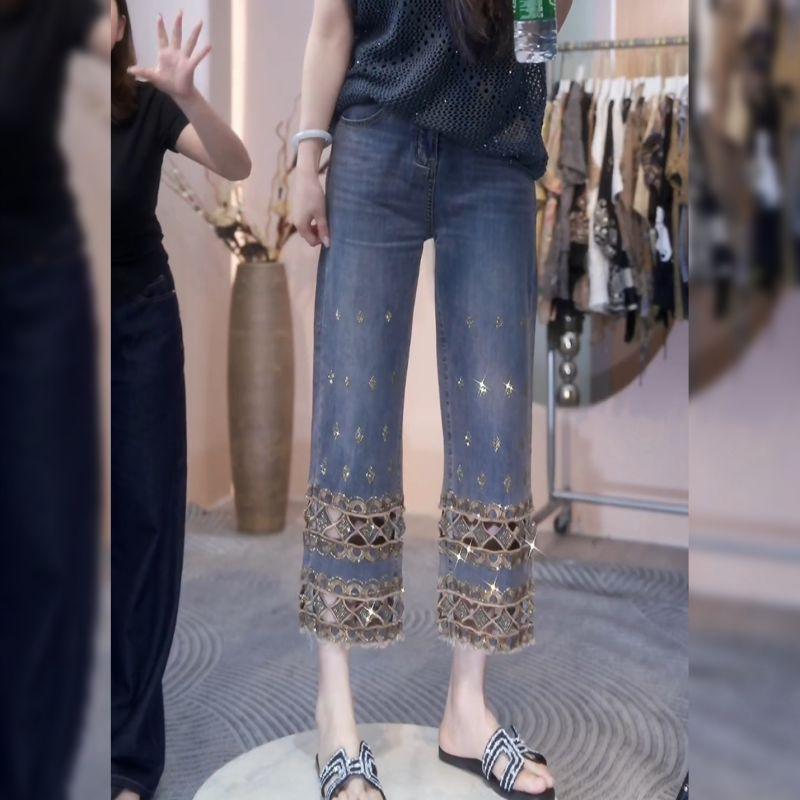 Plus-Size Women s Clothing 2026 Spring New Style Heavy-Duty Rhinestone Hollow-Out Jeans for Plus-Size Women, High-Waisted Slimming Straight-Leg Pants Blue S