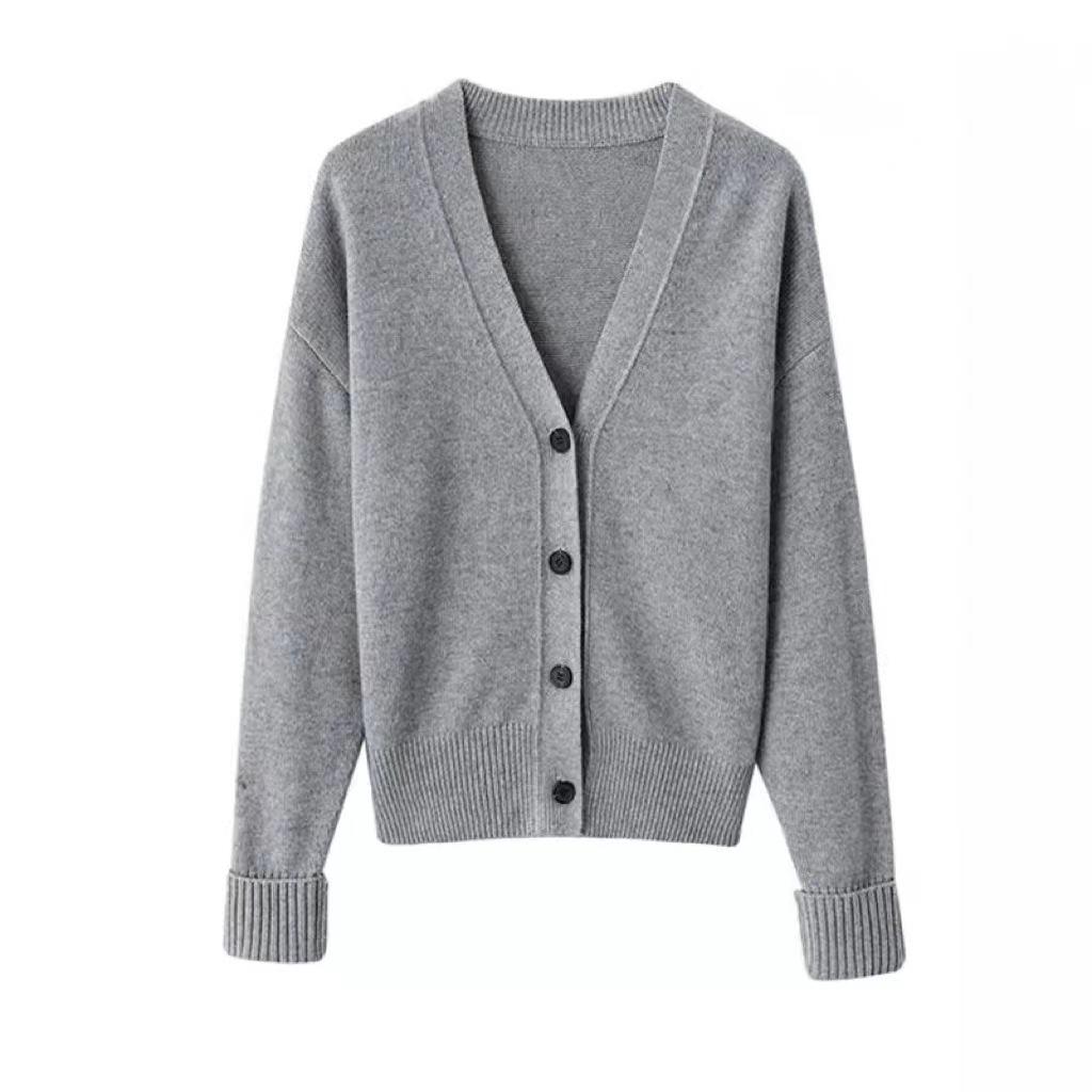 2026 New Women's Loose V-Neck Knit Cardigan - Grey Sweater Coat for Spring & Autumn