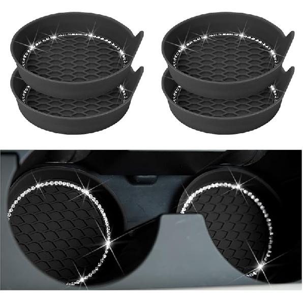 Zipelo Bling Car Cup Coaster, 4 Pack Universal Vehicle Anti-Slip Cup Holder Ert Coasters, Crystal Rhinestone Silicone Shockproof Drink Mat, Car