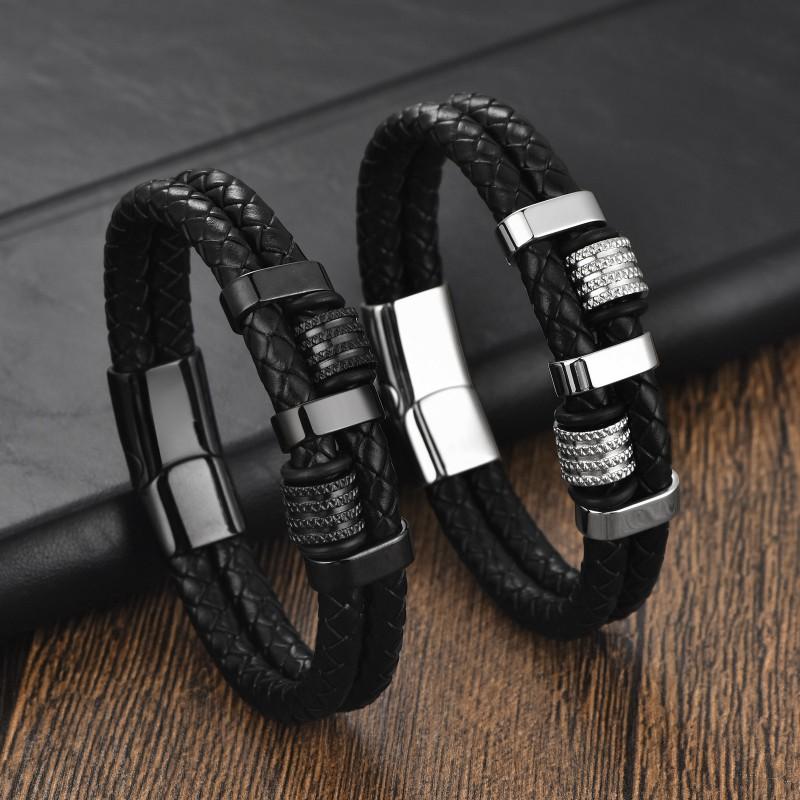 Stainless Steel Geometric Double Wrap Bracelet Men Minimalist Leather Woven Cuff Adjustable Size