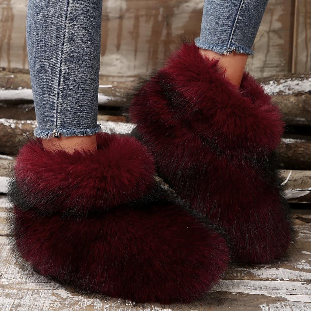 Modische Winterstiefel mit Kunstfuchs-Fell, für Damen, flauschiges Fell, Schneestiefel mit Plüschfutter, Slip-on, flache Gummistiefel für den Außenbereich, warme Damenschuhe