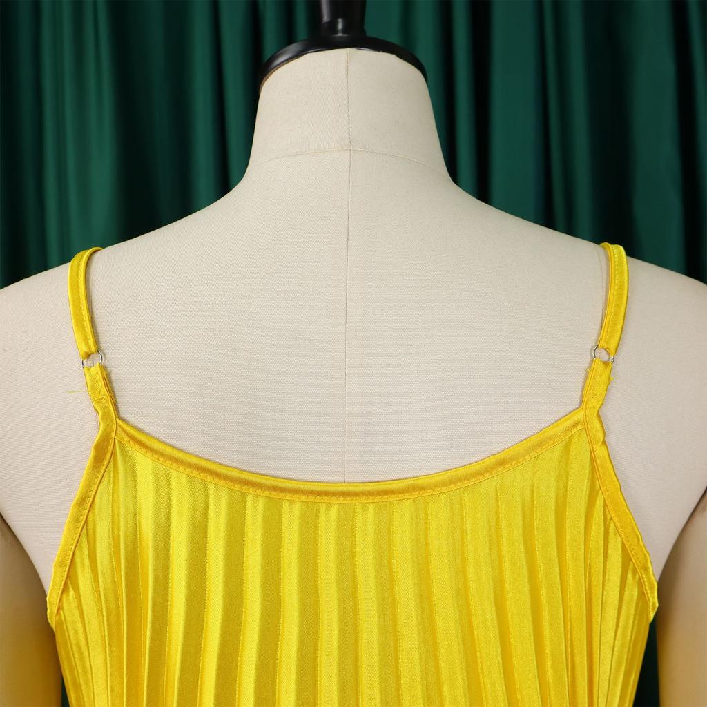 Wiosna i lato Moda Casual Kobiety Luźna Koszulka z Dekoltem w Serek Plisowana Długa Spódnica Bez Rękawów Sukienka