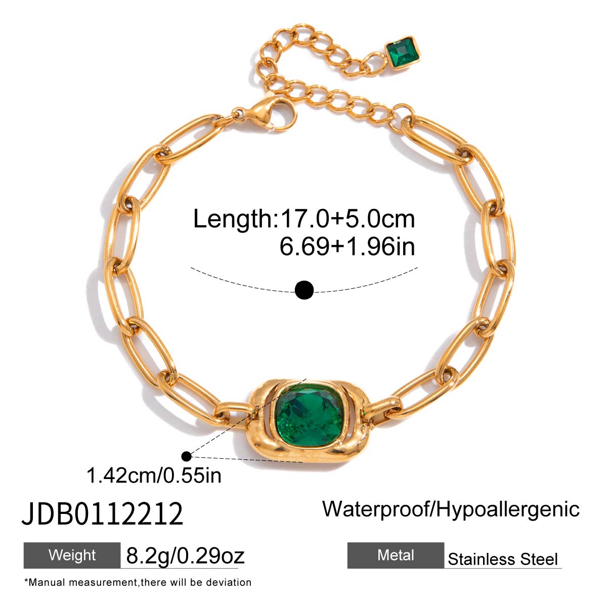 Uworld Classic Green Square Zircon LayeredBracelet With Paperclip Chain Women 18K Gold Plated Stainless Steel Bracelets Jewelry