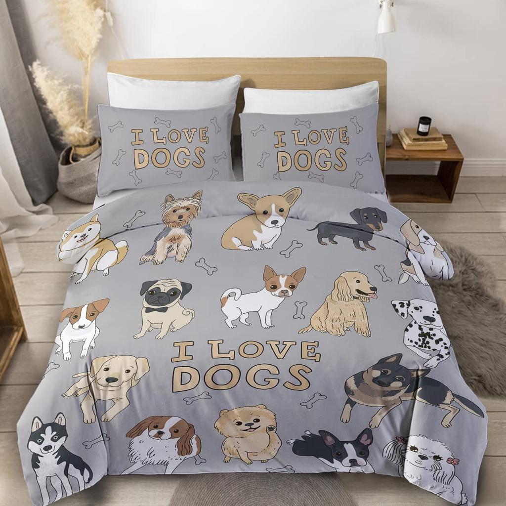 Cute Dogs Print Bedding Set Puppy Animal Duvet Cover Set 2/3 Pcs Watercolor Pastel Dog Paw Comforter Cover Pug Dog Lover Bed Set